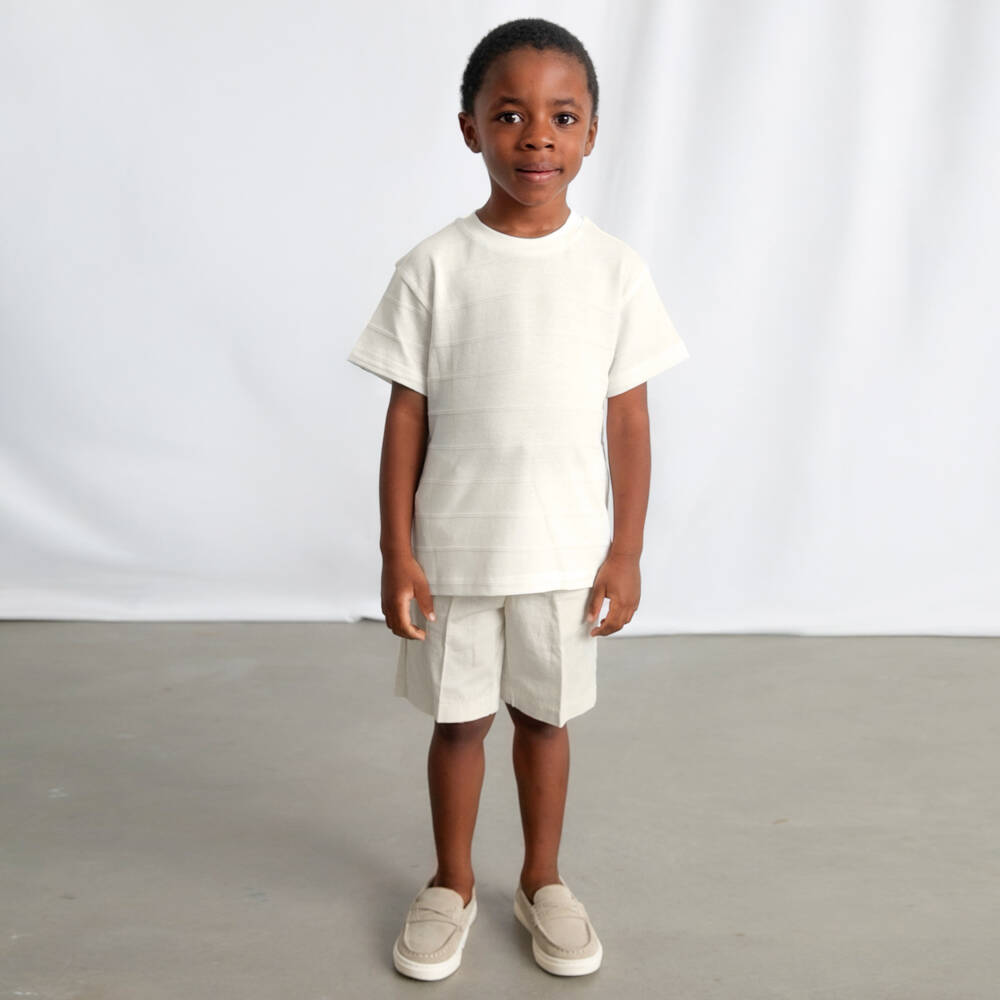 Mayoral-Boys Pale Ivory Textured Stripe T-Shirt | Childrensalon