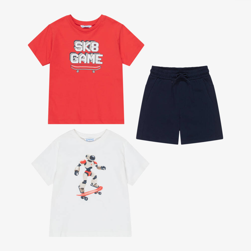Mayoral-Boys Red & Blue Cotton Shorts Set with Skateboarding Print | Childrensalon