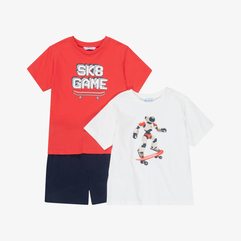Mayoral-Boys Red & Blue Cotton Shorts Set with Skateboarding Print | Childrensalon