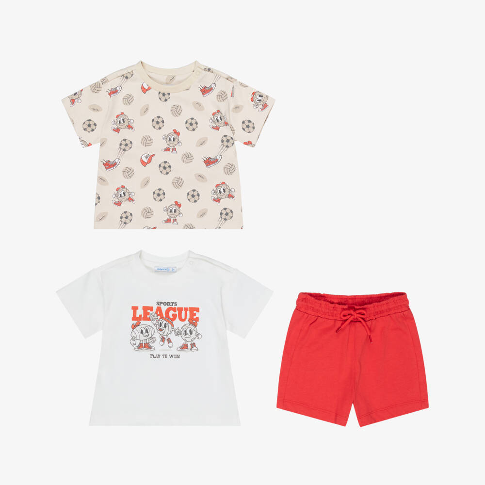 Mayoral-Boys Red Cotton Jersey Shorts Set with Sports Balls Print | Childrensalon