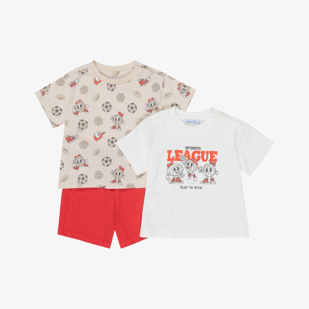 Mayoral-Boys Red Cotton Jersey Shorts Set with Sports Balls Print | Childrensalon