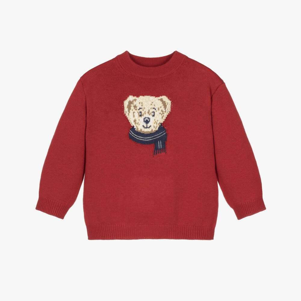 Mayoral-Boys Red Cotton Knit Sweater with Bear Motif | Childrensalon