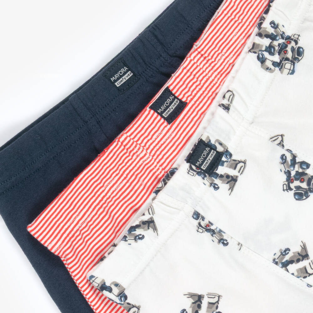 Mayoral-Boys Red Cotton Stripe & Robot Boxer Shorts (3 Pack) | Childrensalon