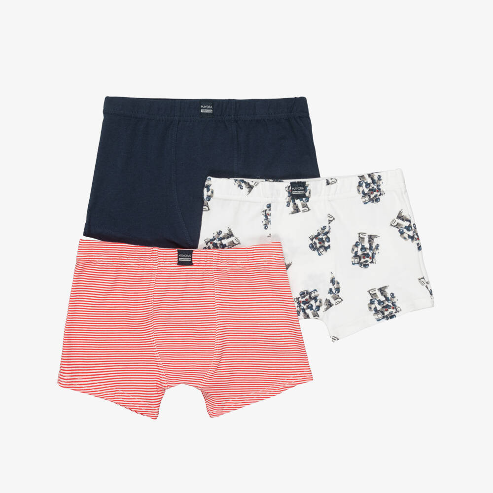 Mayoral-Boys Red Cotton Stripe & Robot Boxer Shorts (3 Pack) | Childrensalon