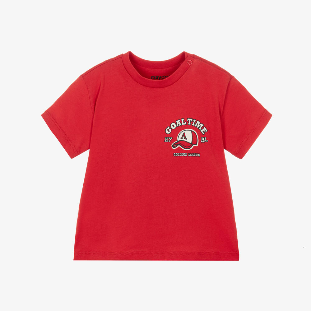 Mayoral-Boys Red Cotton T-Shirt with Sporty Graphics | Childrensalon