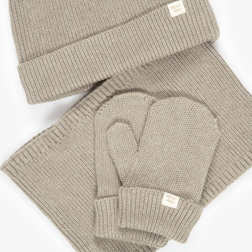Mayoral-Boys Taupe Brown Cotton Knit Hat & Snood Set | Childrensalon