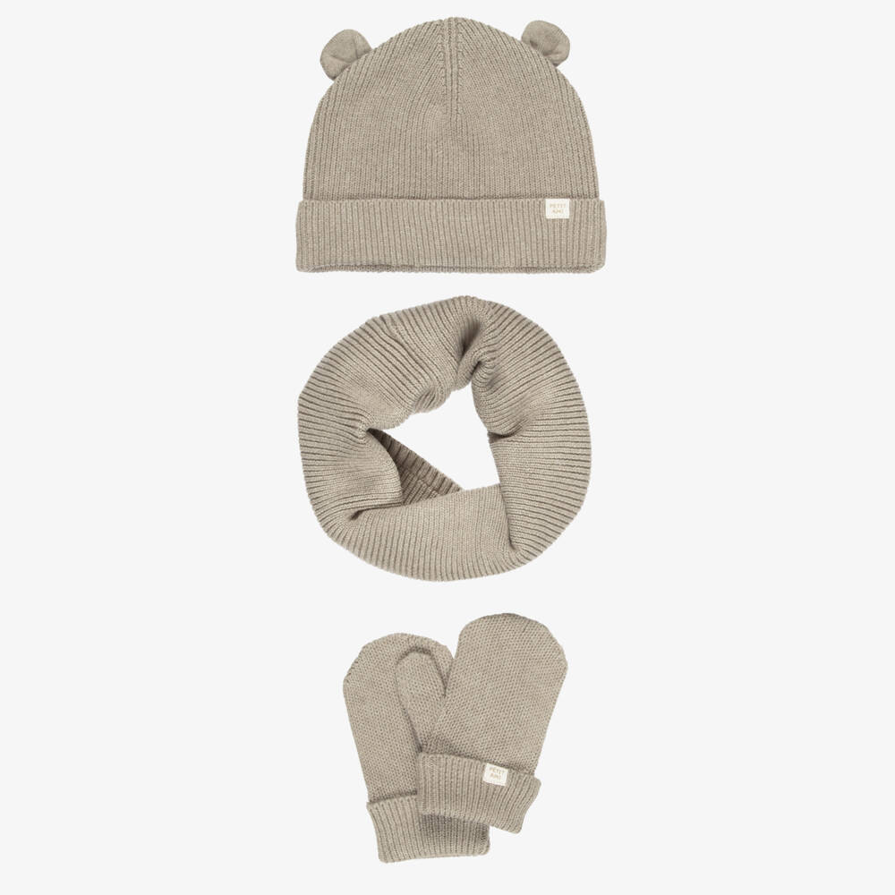 Mayoral-Boys Taupe Brown Cotton Knit Hat & Snood Set | Childrensalon