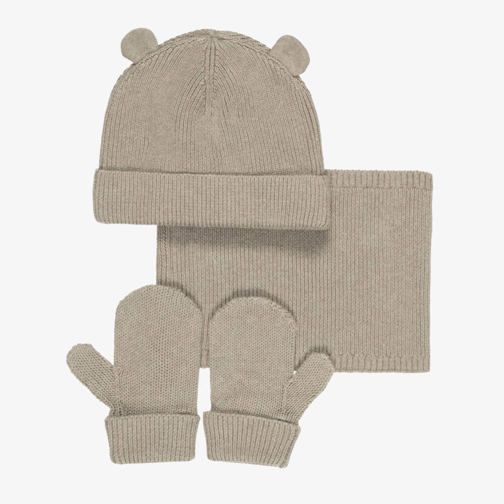 Mayoral-Boys Taupe Brown Cotton Knit Hat & Snood Set | Childrensalon