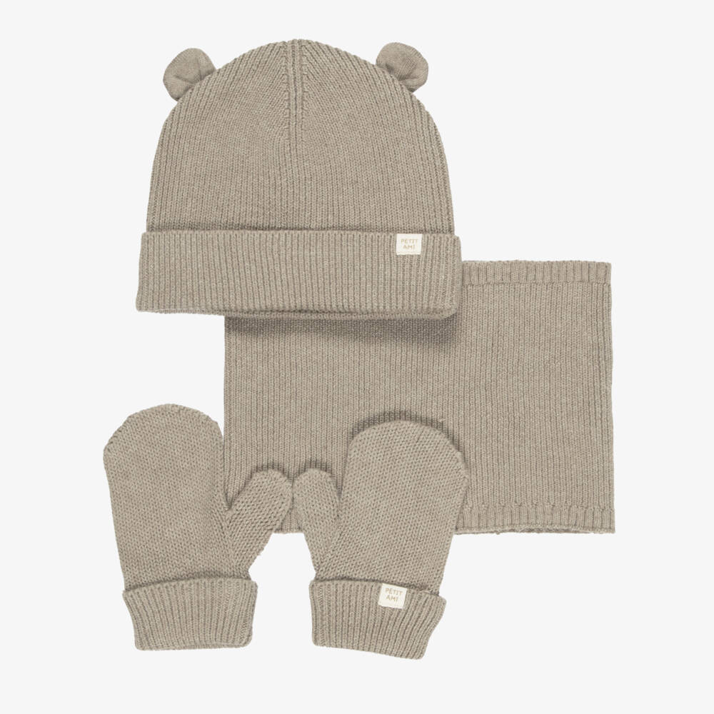 Mayoral-Boys Taupe Brown Cotton Knit Hat & Snood Set | Childrensalon