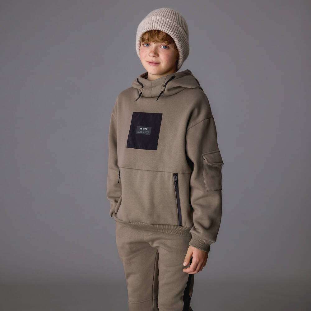 Mayoral Nukutavake-Boys Taupe Zipped Pocket Jersey Hoodie | Childrensalon