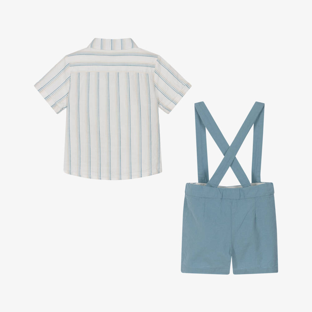 Mayoral-Boys Teal Blue Cotton Striped Shirt & Shorts Set | Childrensalon