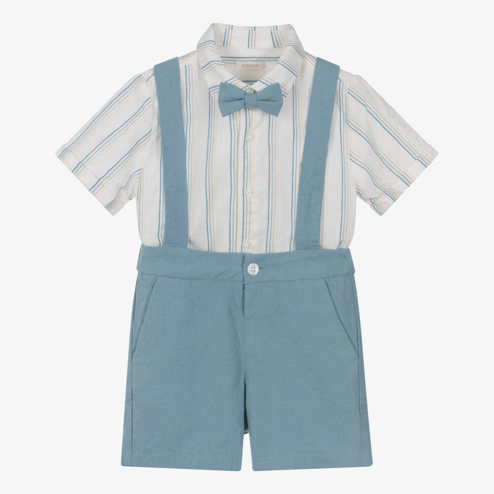 Mayoral-Boys Teal Blue Cotton Striped Shirt & Shorts Set | Childrensalon