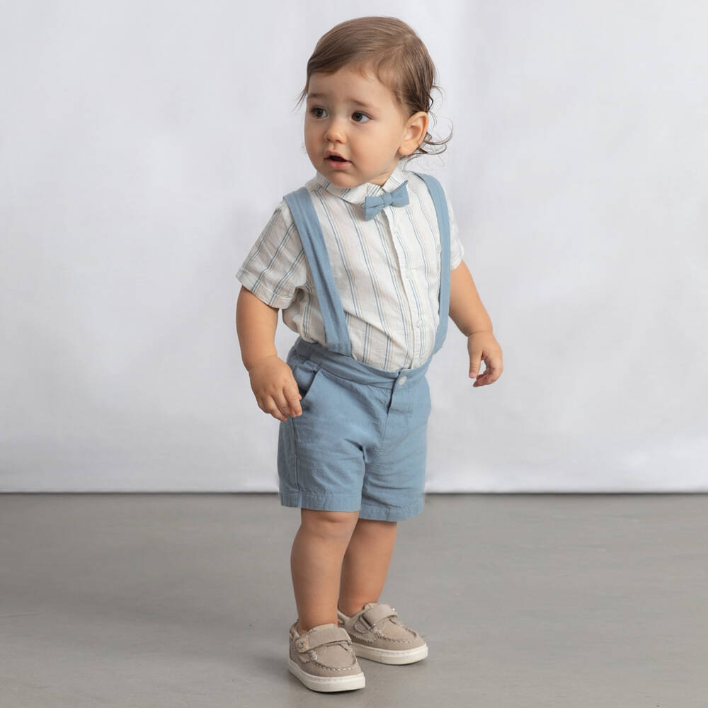 Mayoral-Boys Teal Blue Cotton Striped Shirt & Shorts Set | Childrensalon