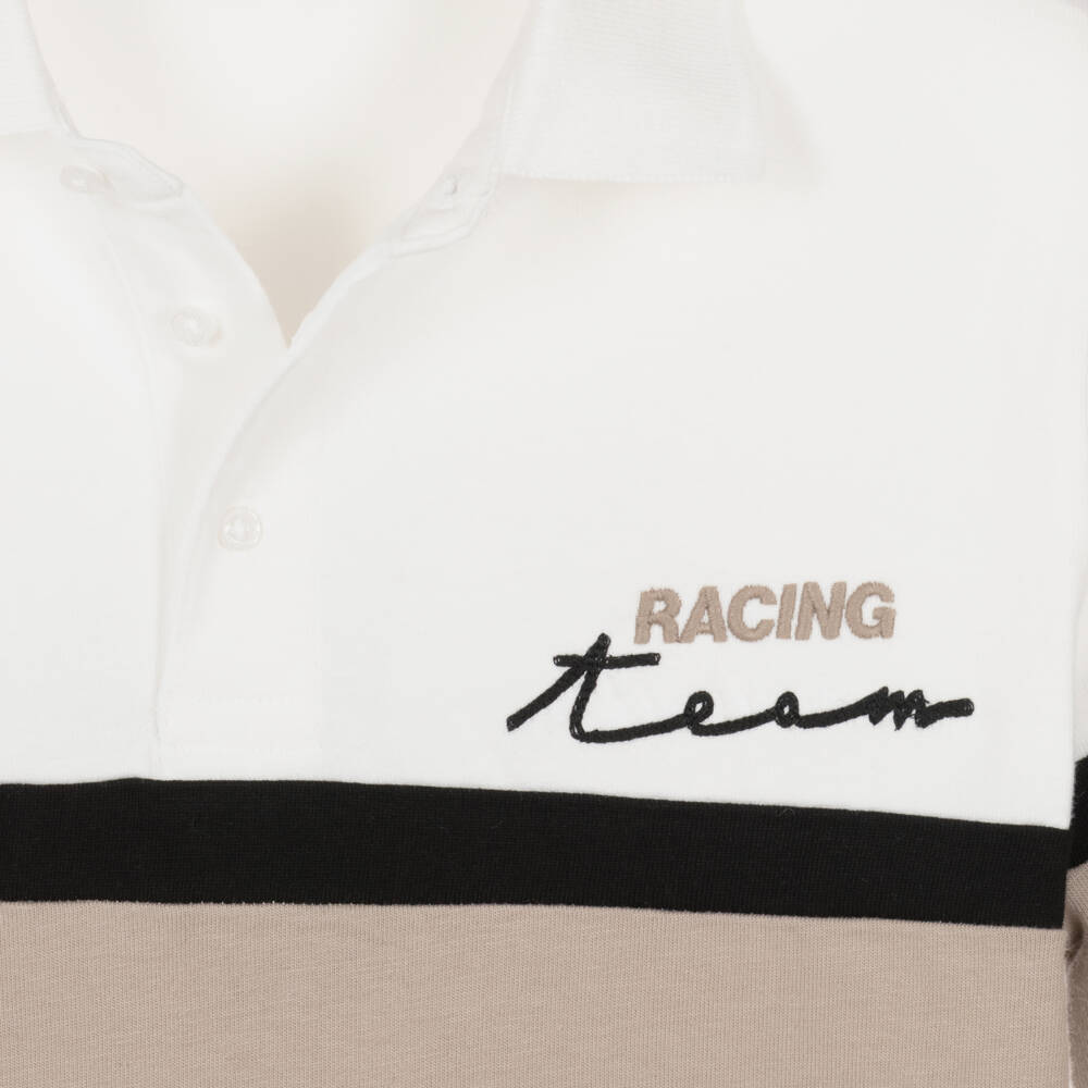 Mayoral Nukutavake-Boys White & Beige Cotton Polo Top with Embroidered Slogan | Childrensalon