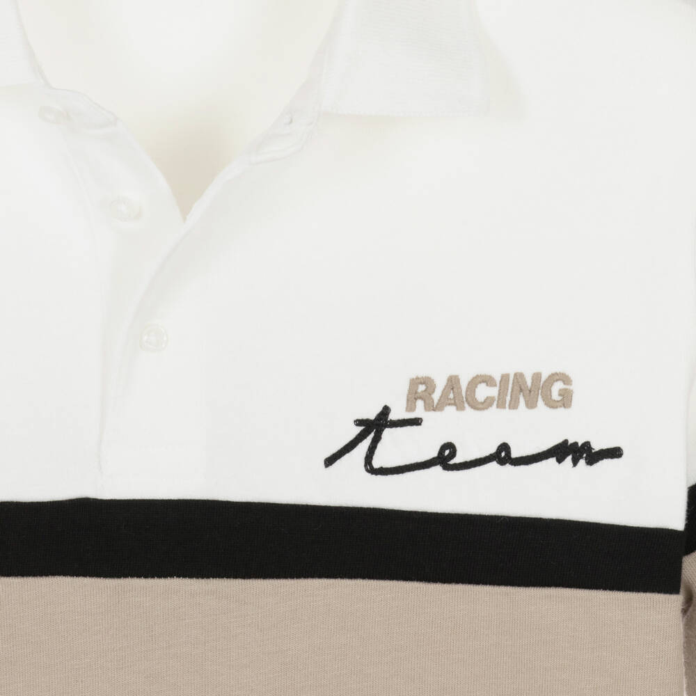 Mayoral Nukutavake-Boys White & Beige Cotton Polo Top with Embroidered Slogan | Childrensalon