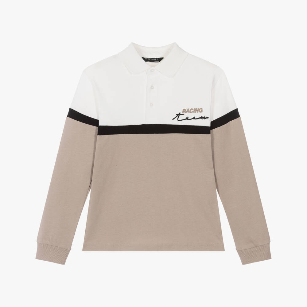 Mayoral Nukutavake-Boys White & Beige Cotton Polo Top with Embroidered Slogan | Childrensalon