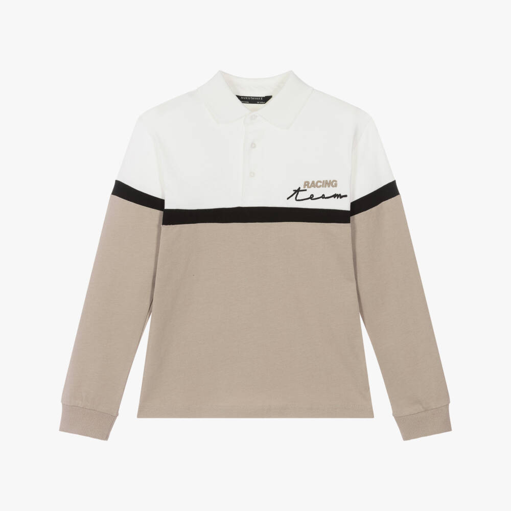 Mayoral Nukutavake-Boys White & Beige Cotton Polo Top with Embroidered Slogan | Childrensalon
