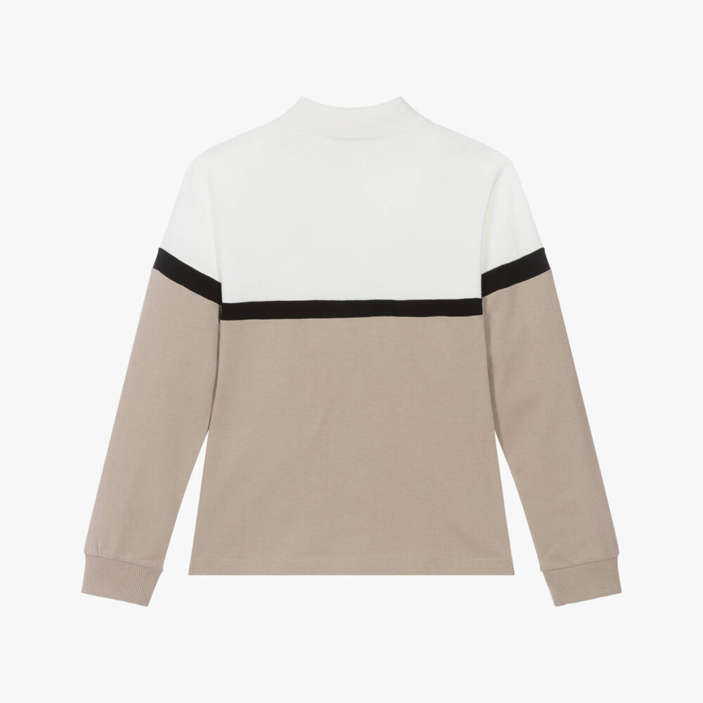 Mayoral Nukutavake-Boys White & Beige Cotton Polo Top with Embroidered Slogan | Childrensalon