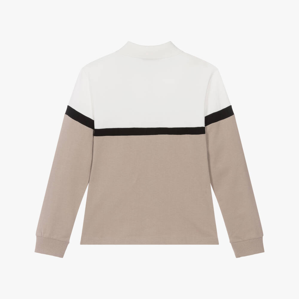 Mayoral Nukutavake-Boys White & Beige Cotton Polo Top with Embroidered Slogan | Childrensalon