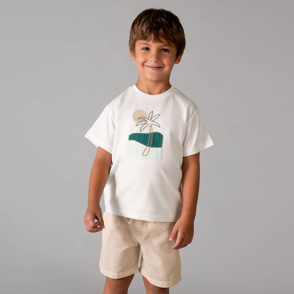 Mayoral-Boys White & Beige Striped Shorts Set | Childrensalon