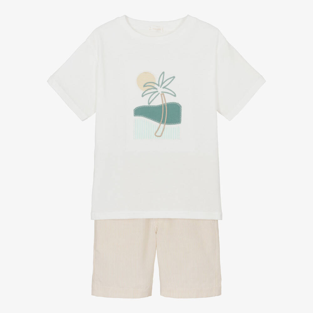 Mayoral-Boys White & Beige Striped Shorts Set | Childrensalon