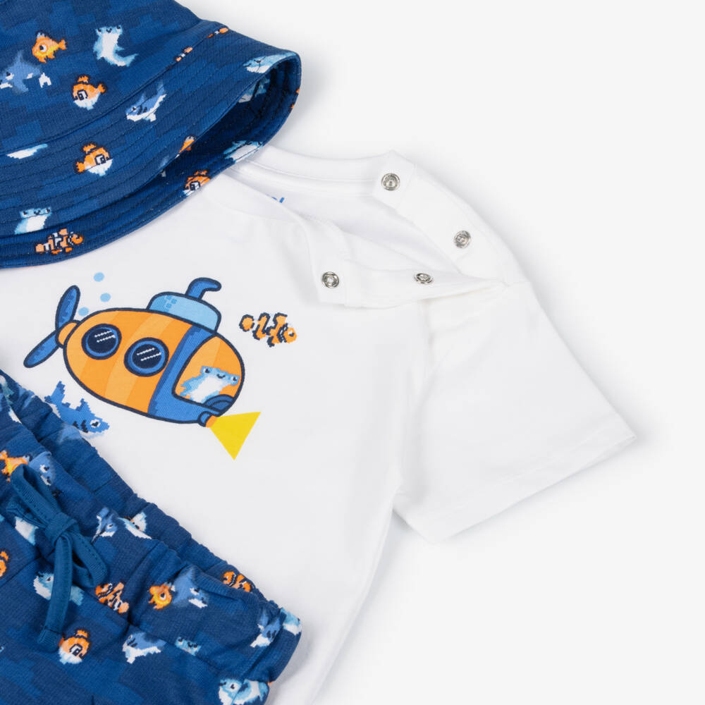 Mayoral-Boys White & Blue Cotton Jersey Shorts Set with Submarine & Fish Print | Childrensalon