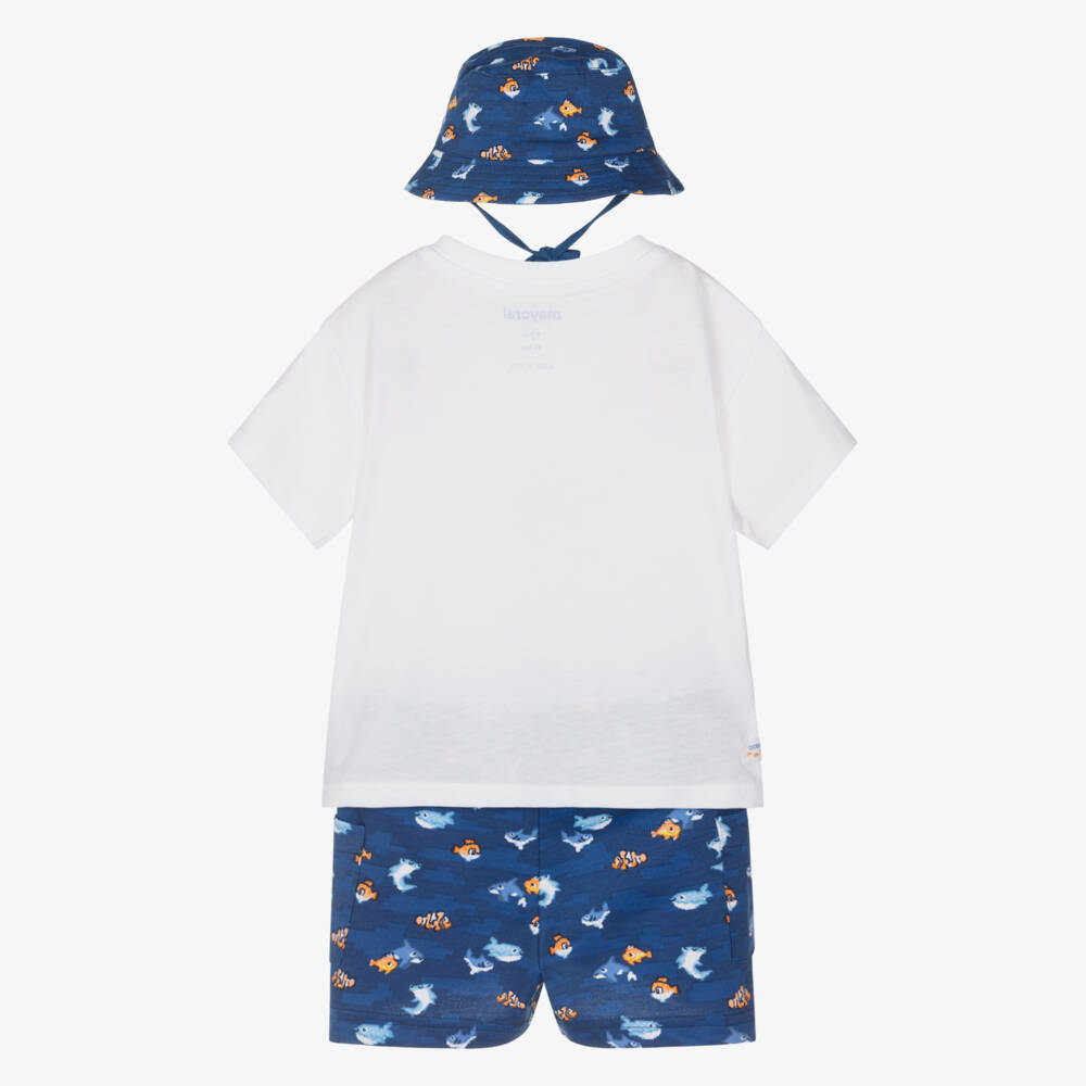 Mayoral-Boys White & Blue Cotton Jersey Shorts Set with Submarine & Fish Print | Childrensalon