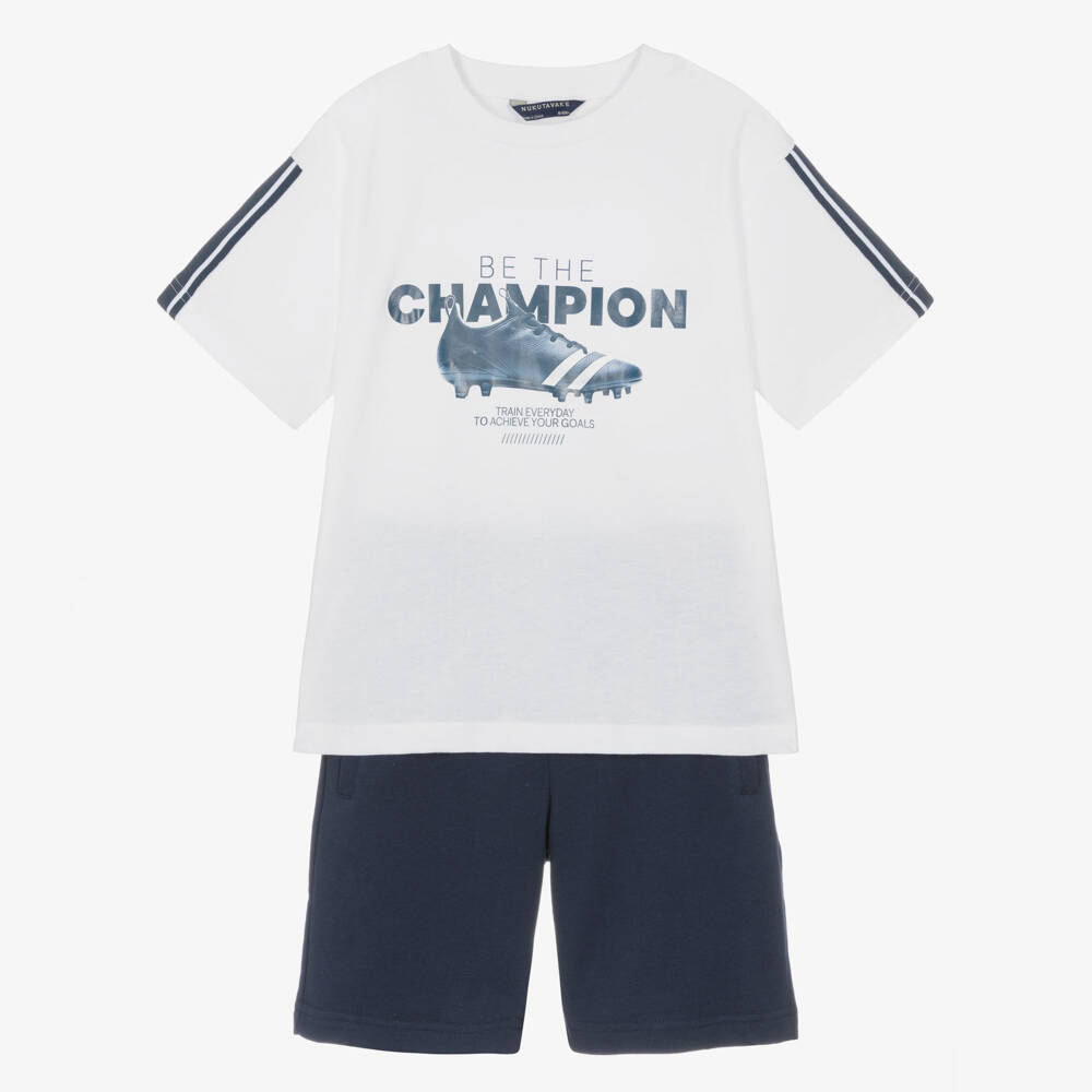 Mayoral Нукутаваке-Boys White & Blue Cotton Shorts Set with Football Boot Print | Childrensalon