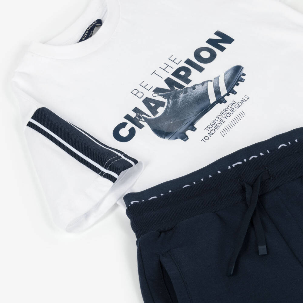 Mayoral Нукутаваке-Boys White & Blue Cotton Shorts Set with Football Boot Print | Childrensalon