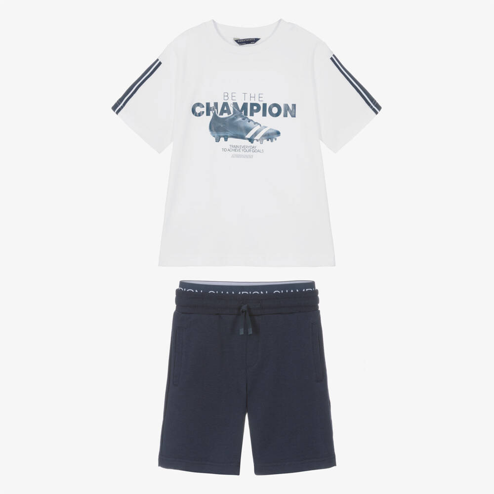 Mayoral Нукутаваке-Boys White & Blue Cotton Shorts Set with Football Boot Print | Childrensalon