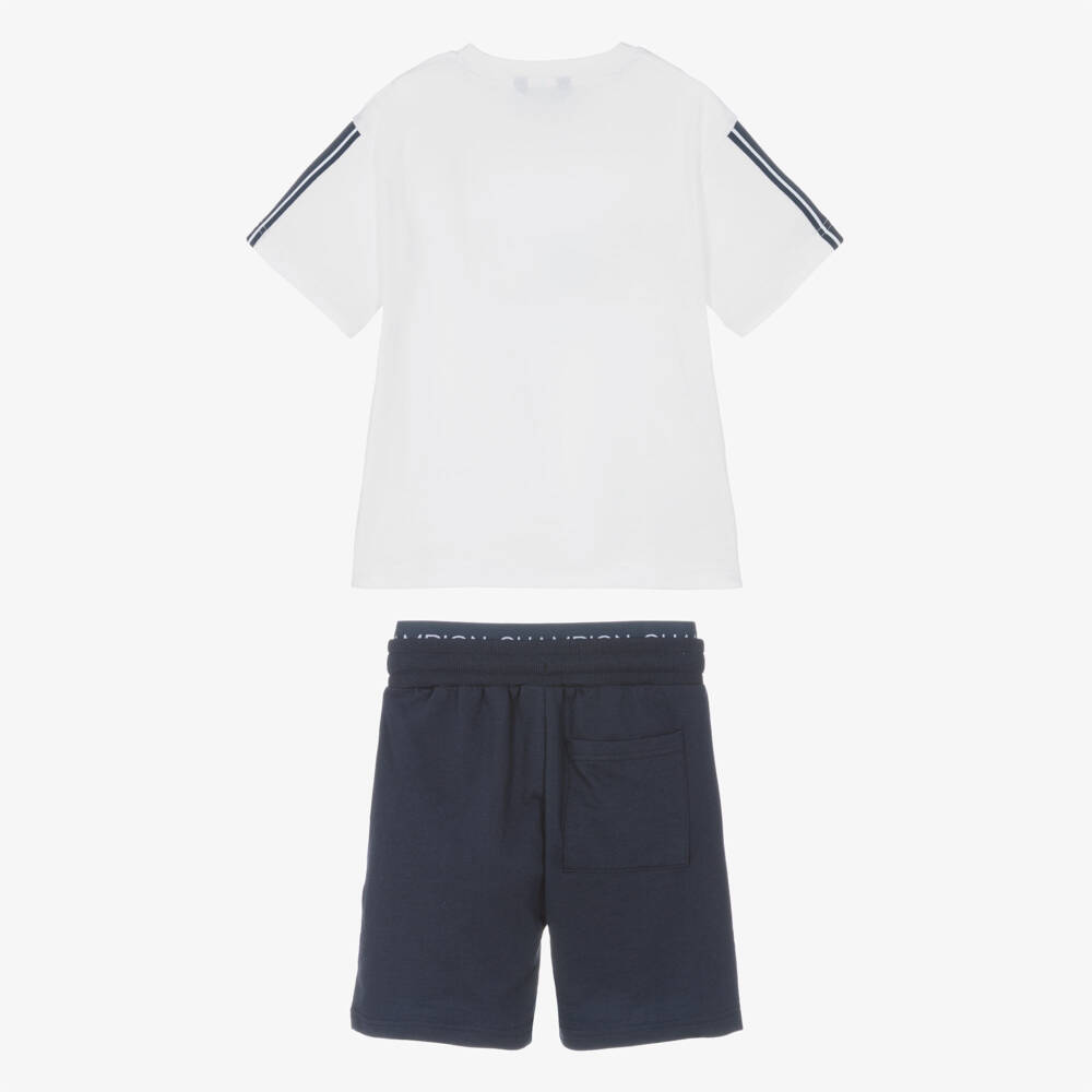 Mayoral Нукутаваке-Boys White & Blue Cotton Shorts Set with Football Boot Print | Childrensalon