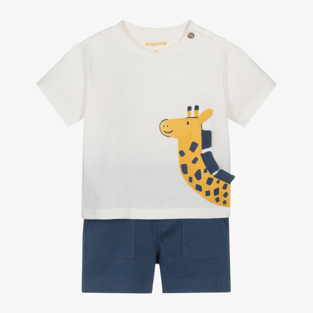 Mayoral-Boys White & Blue Cotton Shorts Set with Giraffe Print | Childrensalon