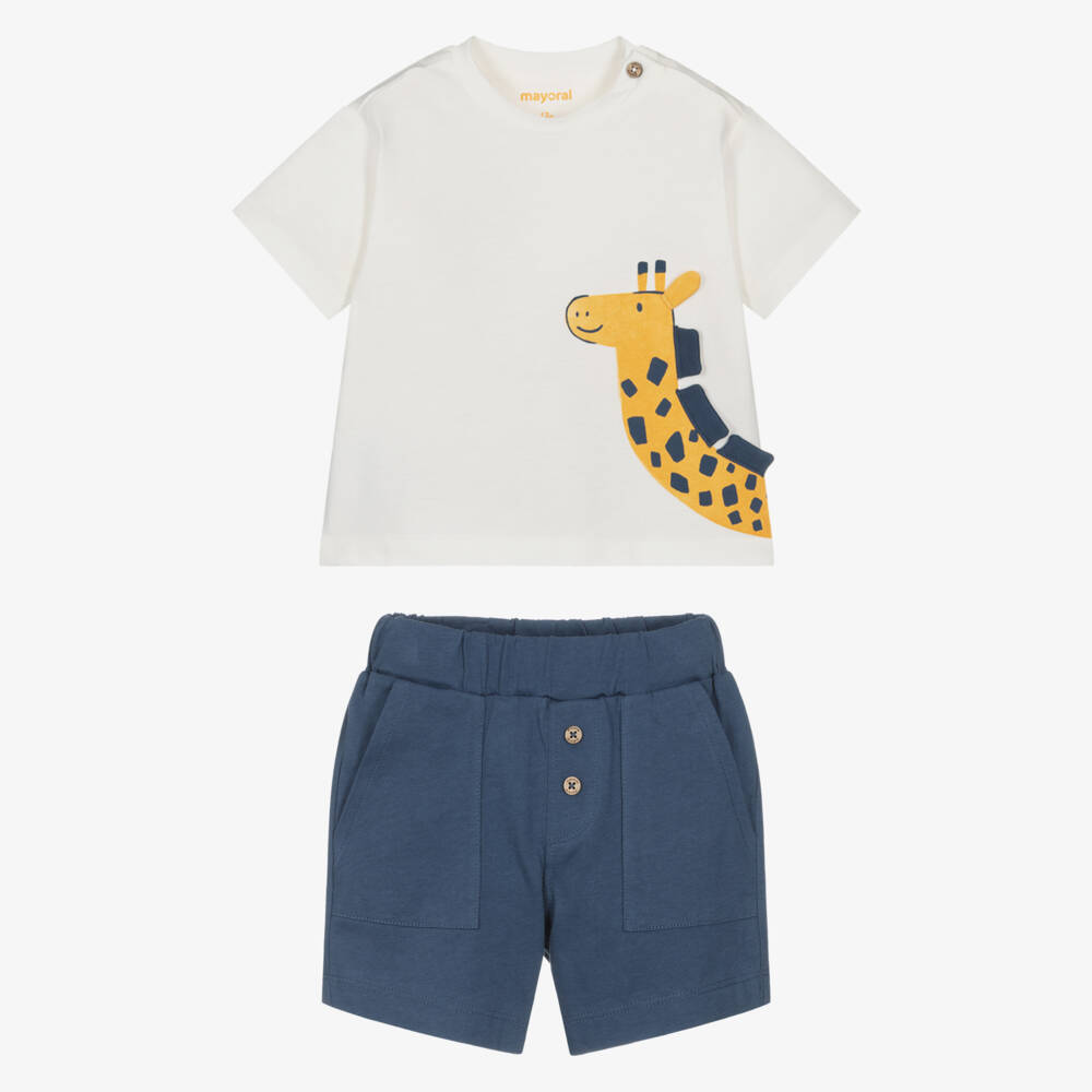 Mayoral-Boys White & Blue Cotton Shorts Set with Giraffe Print | Childrensalon