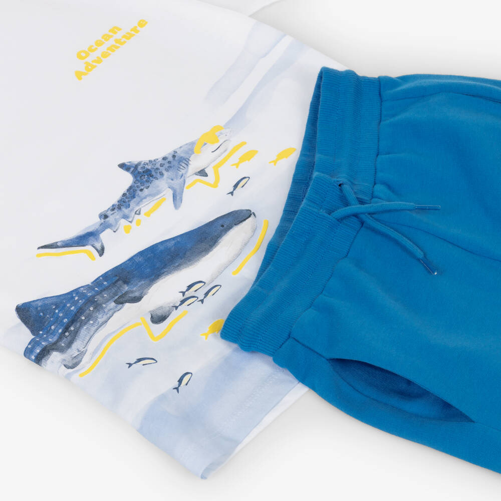 Mayoral-Boys White & Blue Cotton Shorts Set with Shark Print | Childrensalon