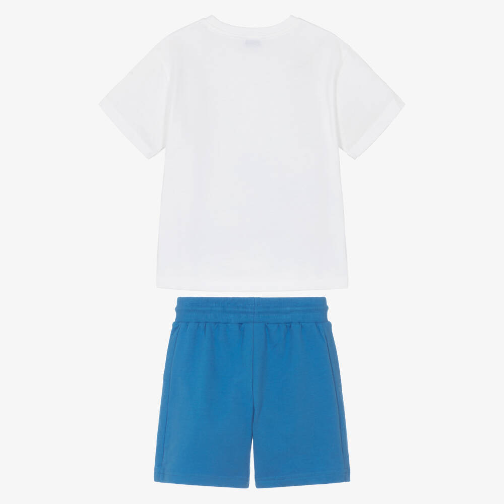 Mayoral-Boys White & Blue Cotton Shorts Set with Shark Print | Childrensalon