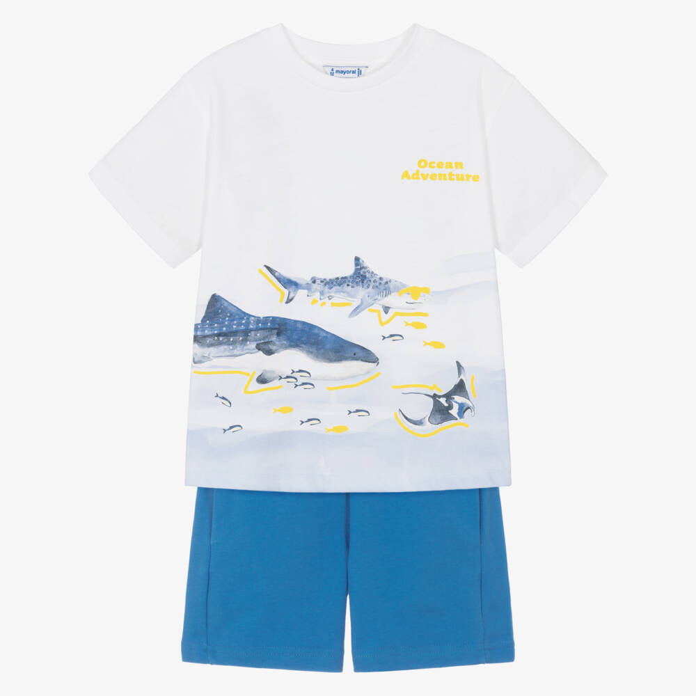 Mayoral-Boys White & Blue Cotton Shorts Set with Shark Print | Childrensalon