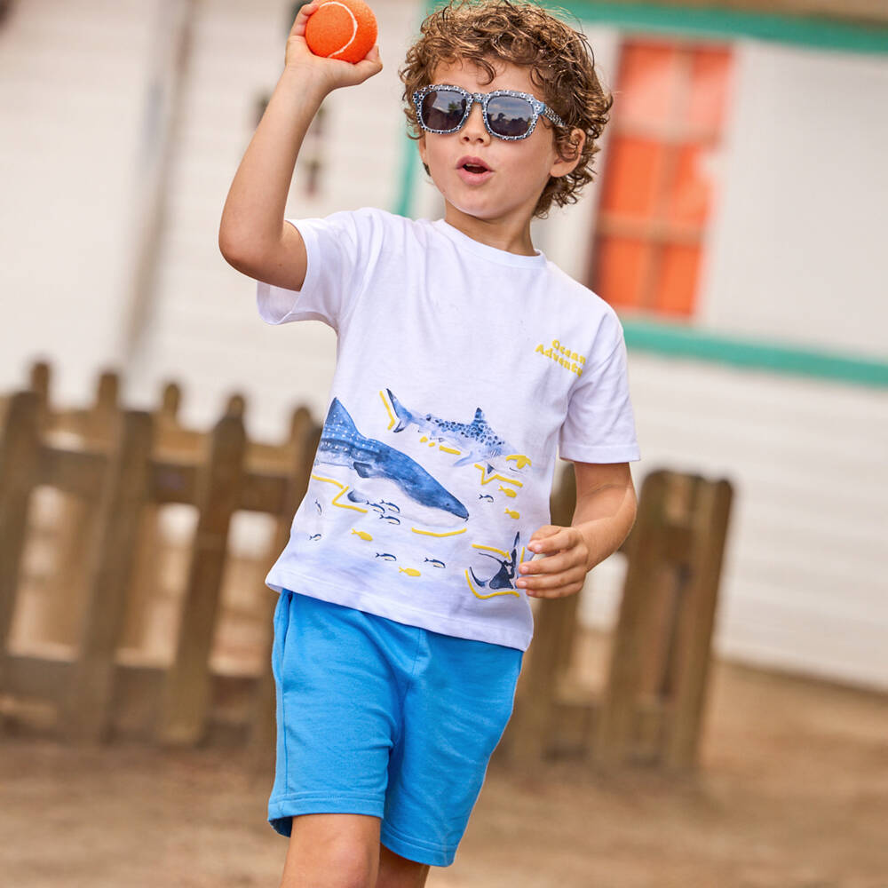 Mayoral-Boys White & Blue Cotton Shorts Set with Shark Print | Childrensalon