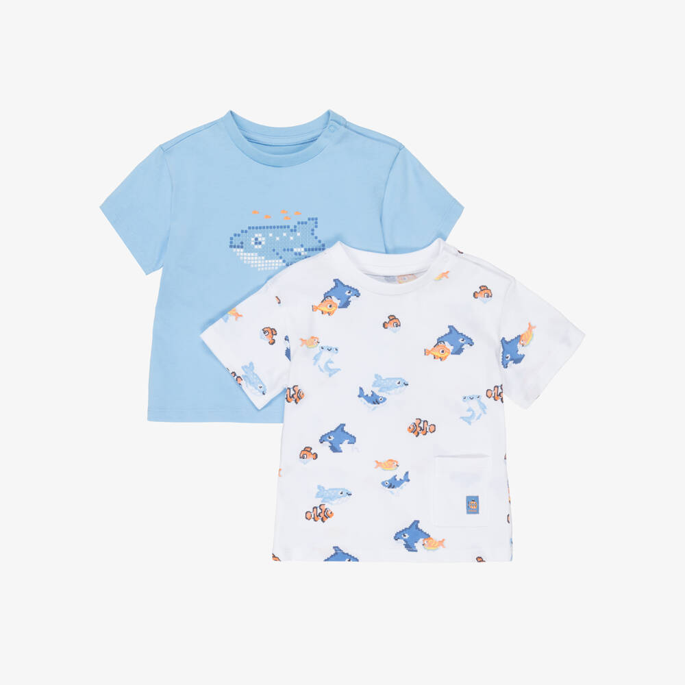 Mayoral-Boys White & Blue Cotton T-Shirts (2 Pack) | Childrensalon
