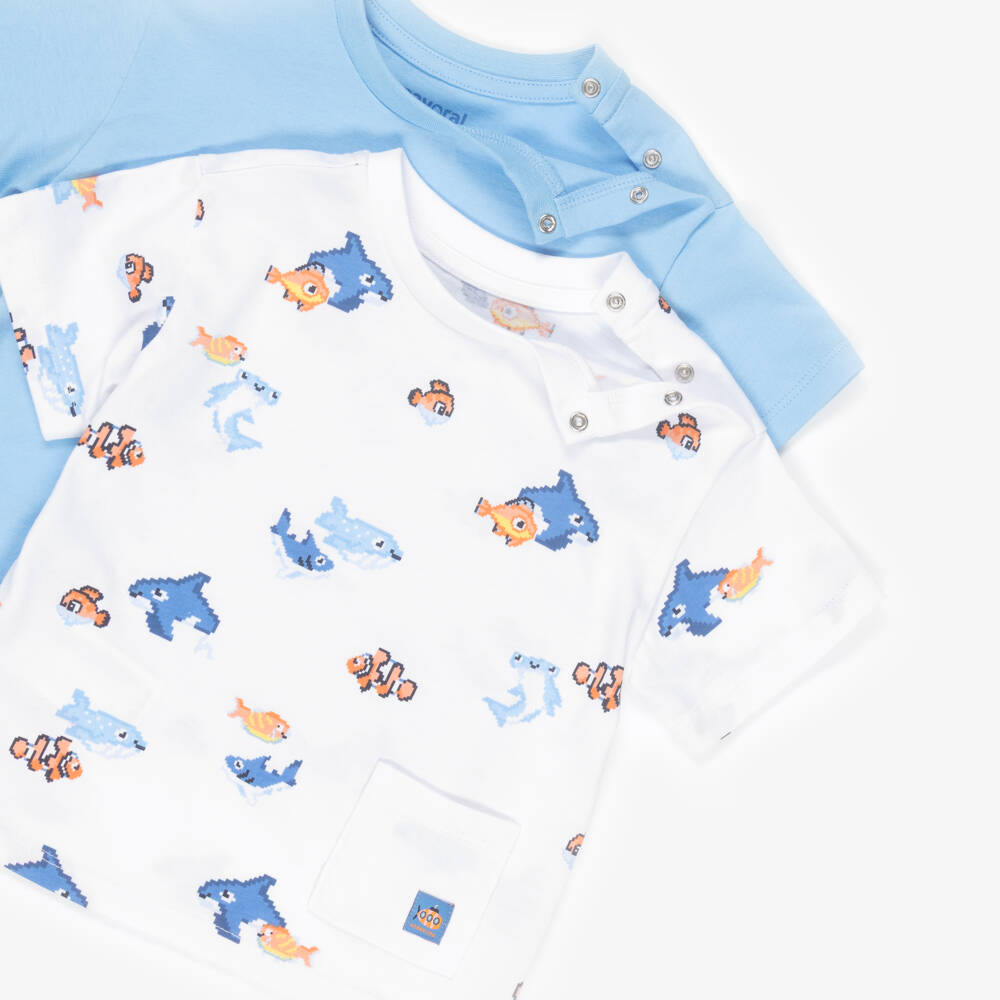 Mayoral-Boys White & Blue Cotton T-Shirts (2 Pack) | Childrensalon
