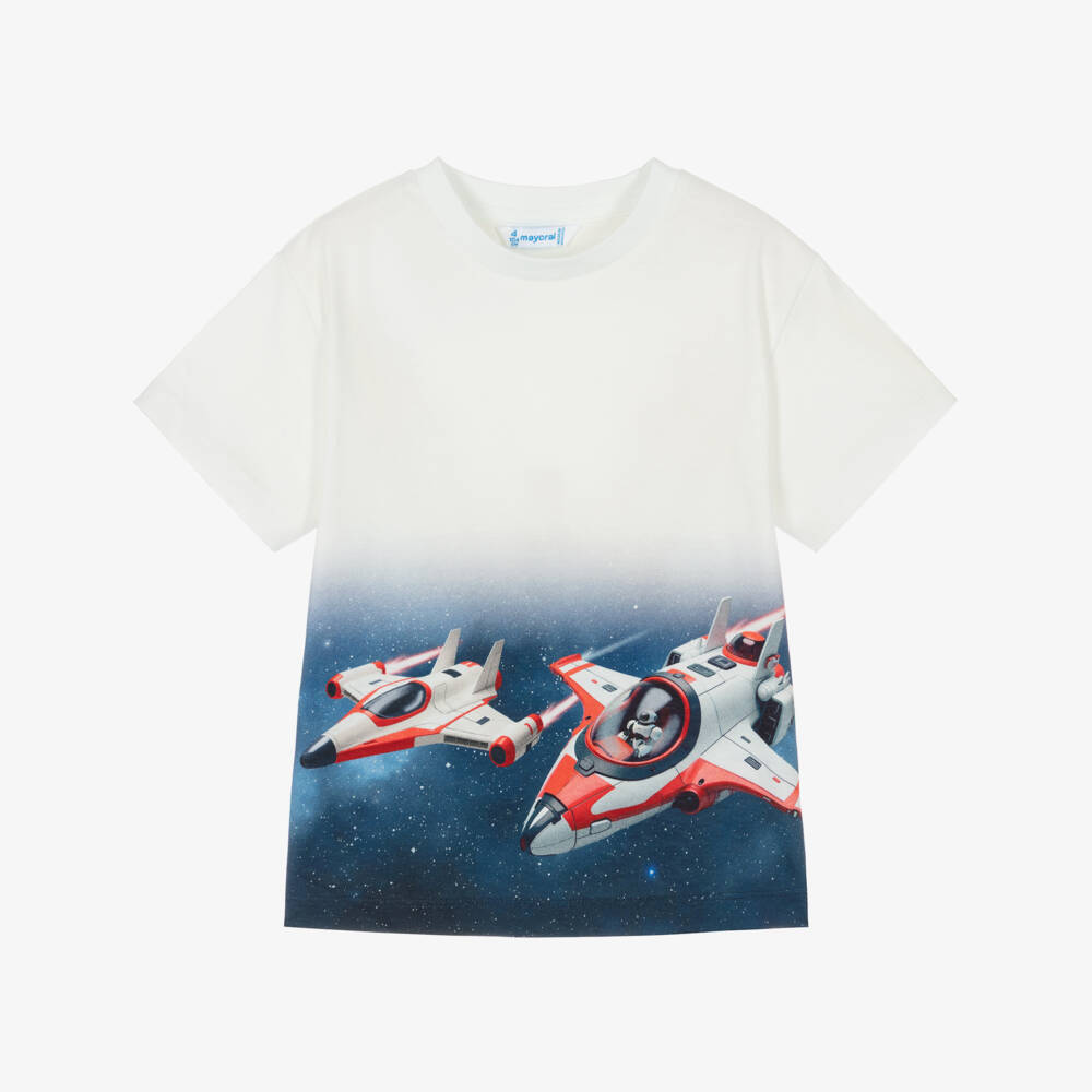Mayoral-Boys White & Blue Space Rocket Print T-Shirt | Childrensalon