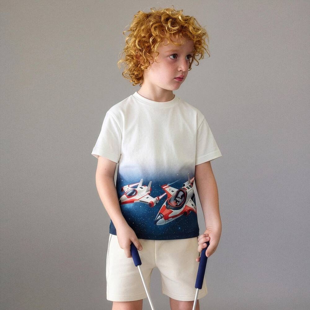 Mayoral-Boys White & Blue Space Rocket Print T-Shirt | Childrensalon