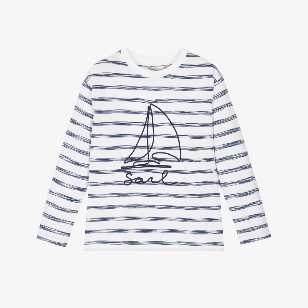 Mayoral-Boys White & Blue Striped Cotton Top | Childrensalon