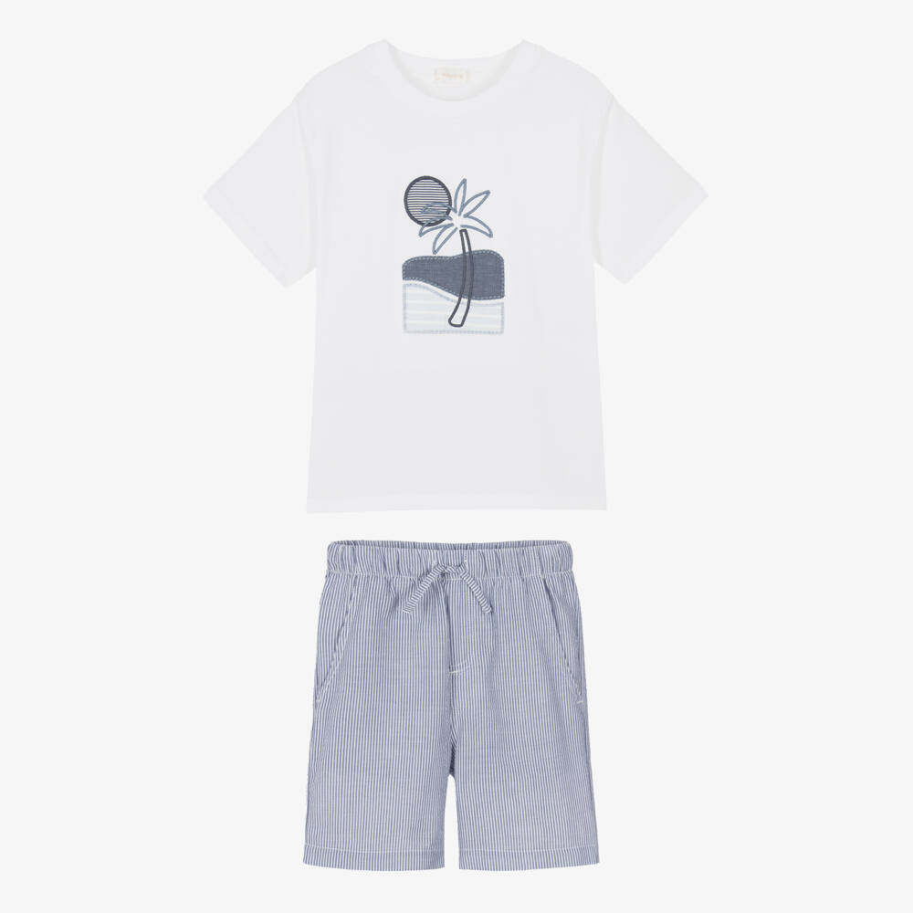Mayoral-Boys White & Blue Striped Shorts Set | Childrensalon