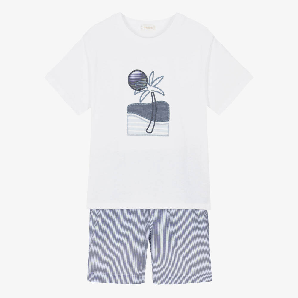 Mayoral-Boys White & Blue Striped Shorts Set | Childrensalon