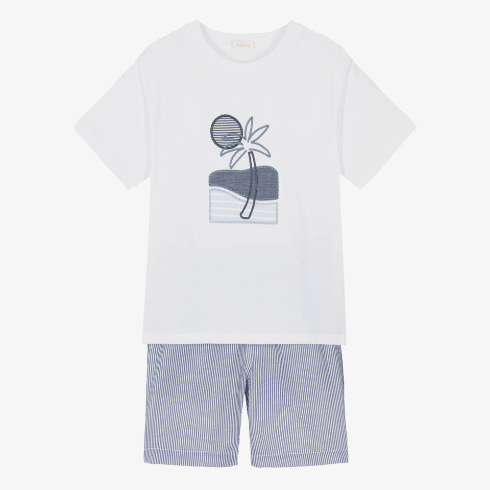 Mayoral-Boys White & Blue Striped Shorts Set | Childrensalon