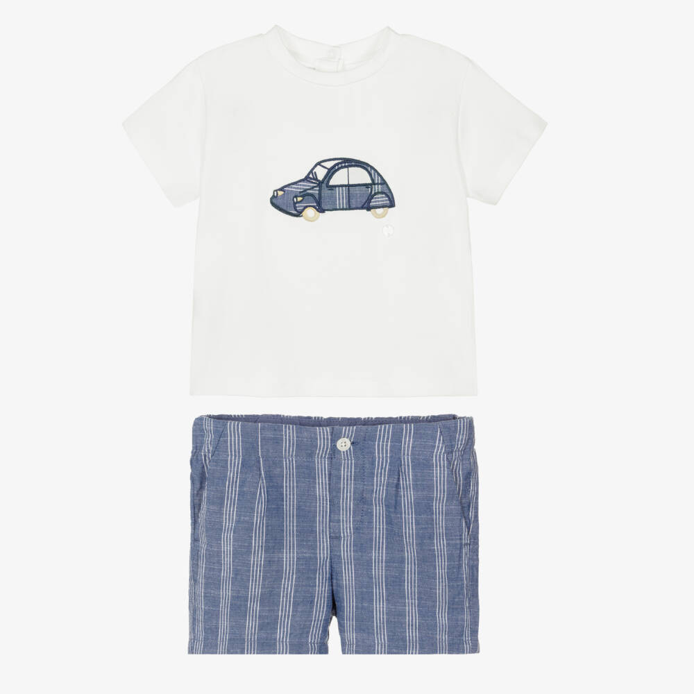 Mayoral-Boys White & Blue Striped Shorts Set with Car Motif | Childrensalon