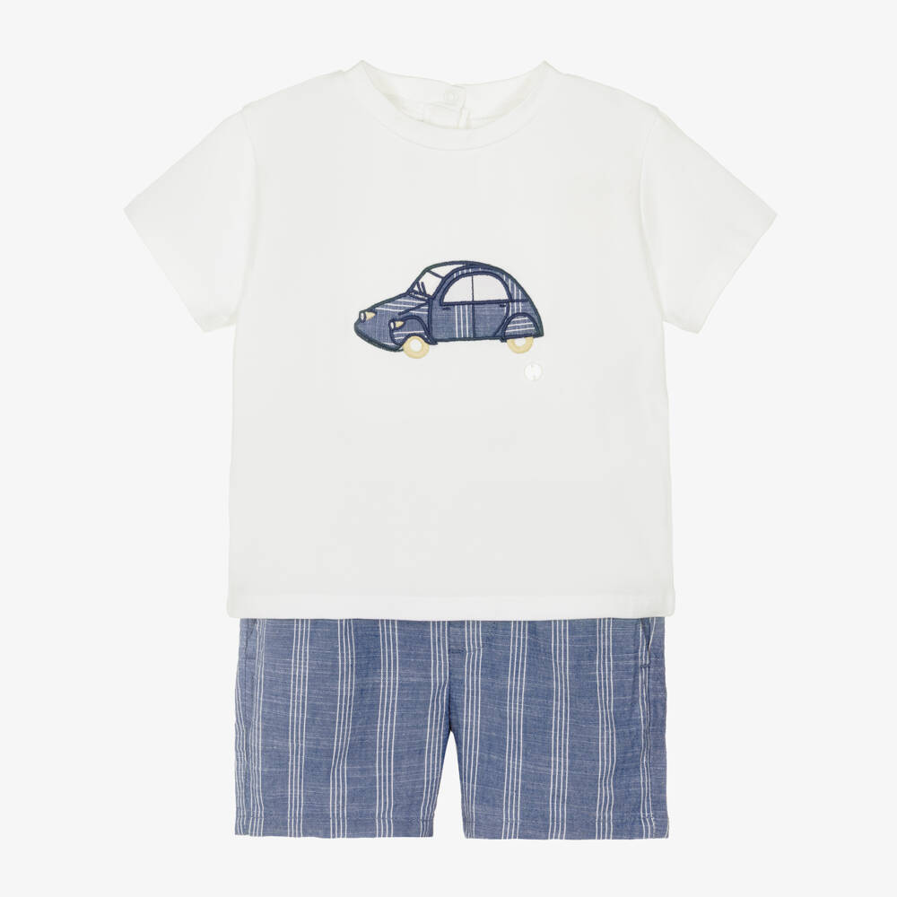 Mayoral-Boys White & Blue Striped Shorts Set with Car Motif | Childrensalon