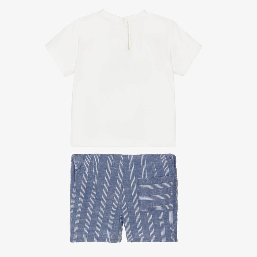 Mayoral-Boys White & Blue Striped Shorts Set with Car Motif | Childrensalon