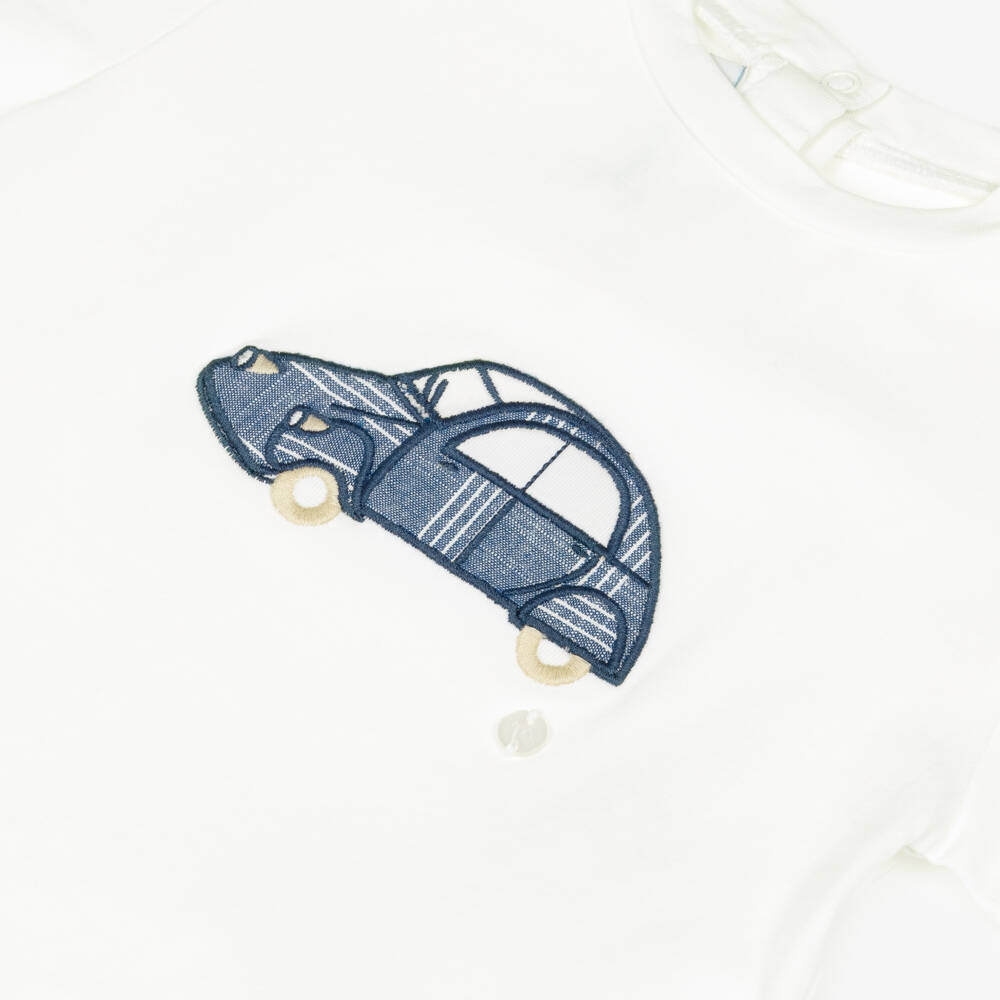 Mayoral-Boys White & Blue Striped Shorts Set with Car Motif | Childrensalon