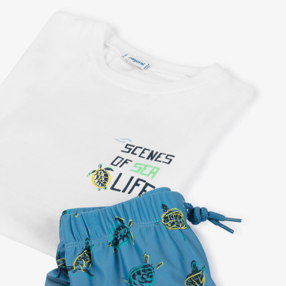 Mayoral-Boys White & Blue Swim Shorts Set (UPF 40+) | Childrensalon